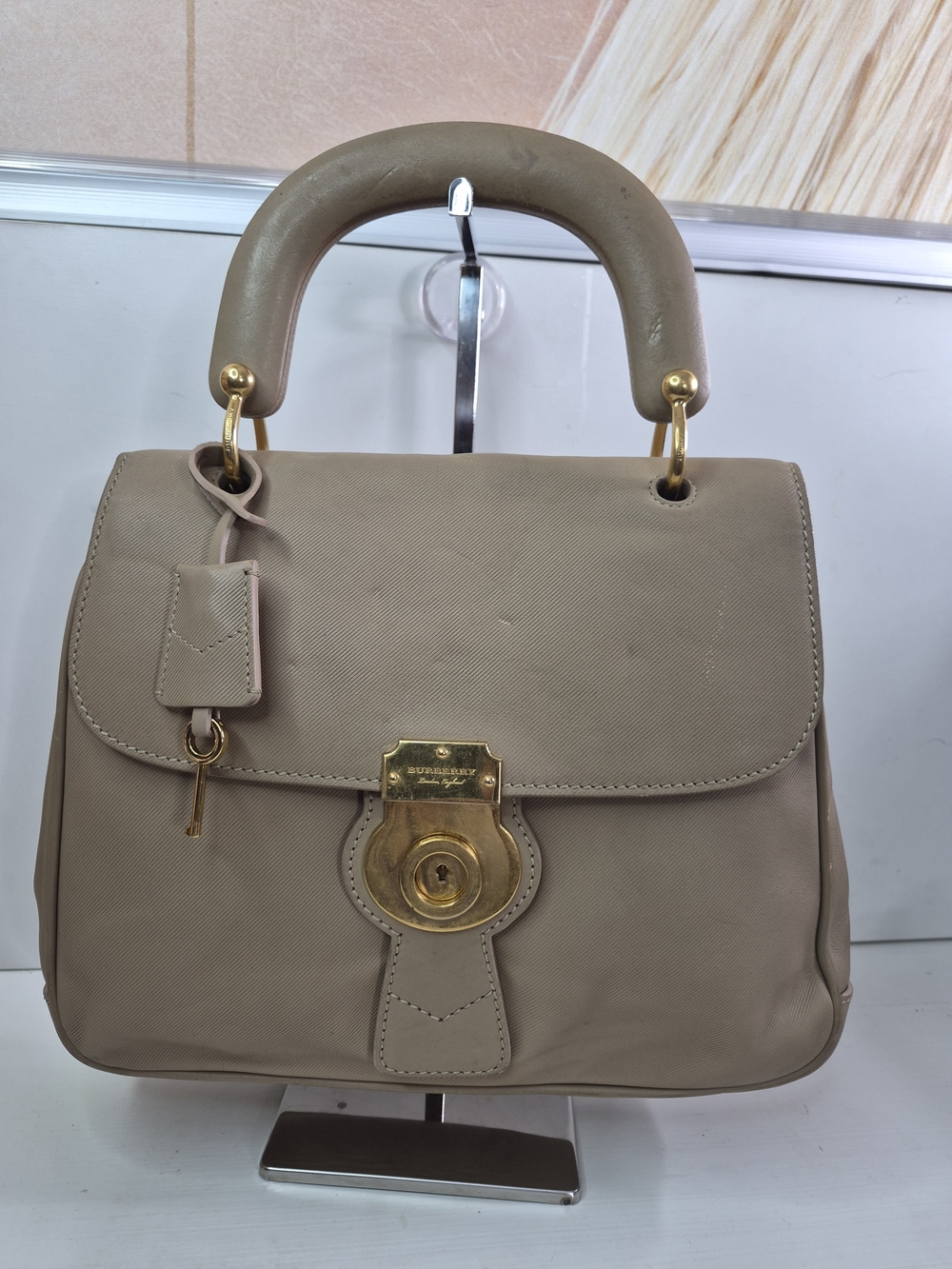 Burberry Taupe Leather Top-Handle Satchel with Gold Hardware